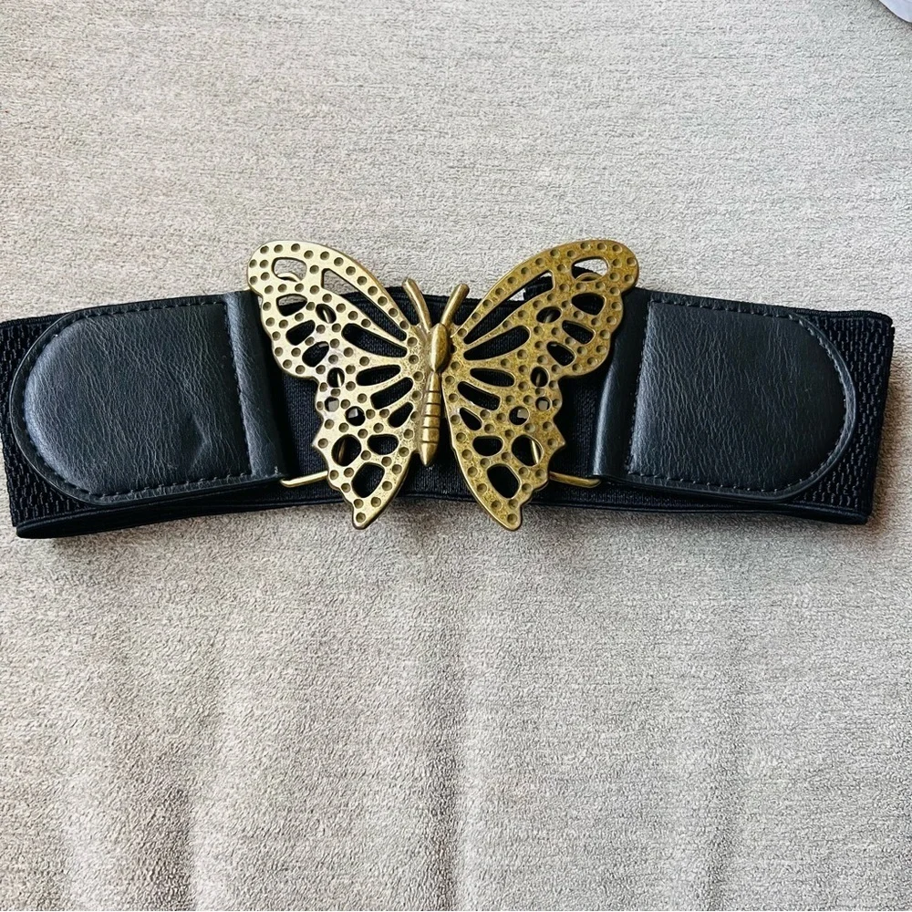 Vintage Black Stretch Belt with Brass Butterfly Buckle – Size L
